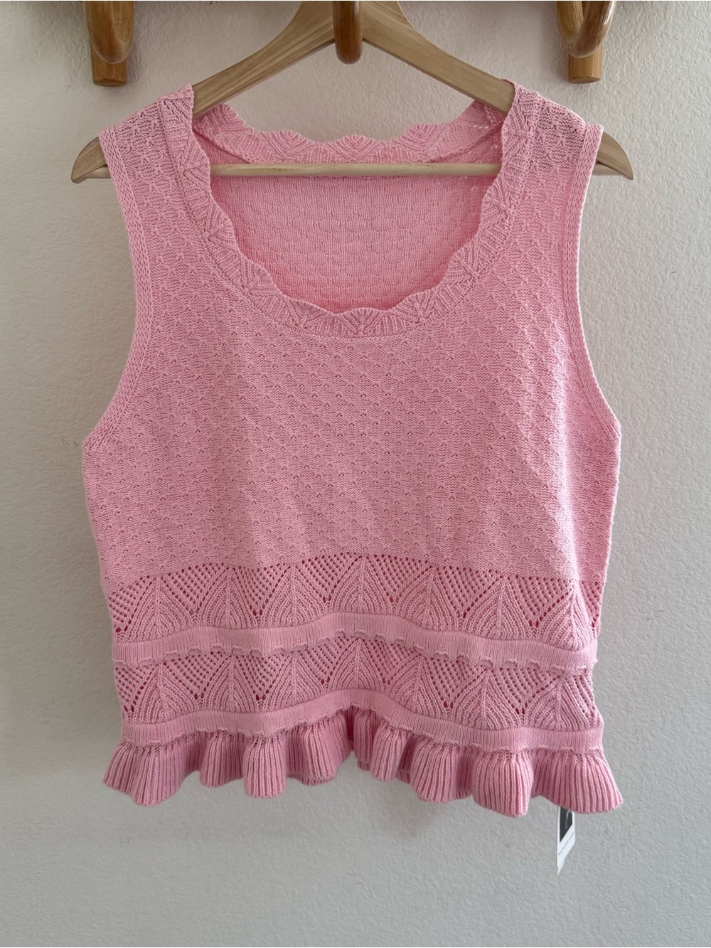 NWT LOMON Boho coquette Fairycore Cottagecore Pointelle Ruffle Hem Knit Top